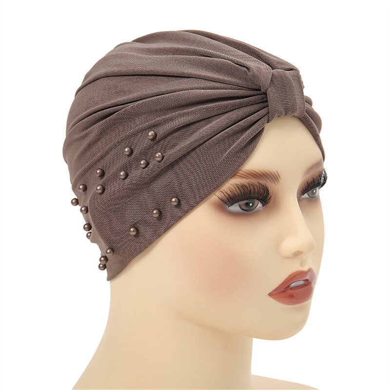 2Pcs/set  Women Turban Hat Muslim Hijab Islamic Beads Cancer Chemo Cap Ladies Hijab Stretch Head Wrap Head Scarf Hair Loss