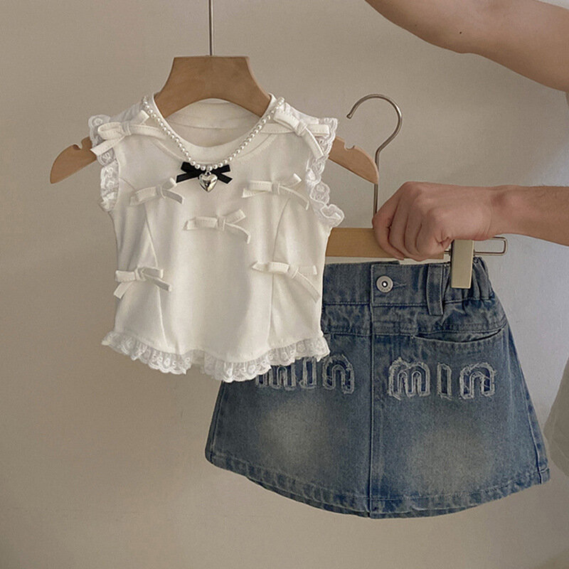 2024 Summer Korea Girls Clothes Set Lace Top 2024 Bow Fashionable Top  Letter Denim Skirt Two Piece Set Girls Clothes