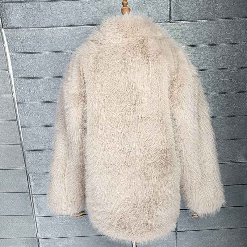 Женское пальто средней длины, элегантное пальто из искусственного лисьего меха с воротником-стойкой, зима 2024