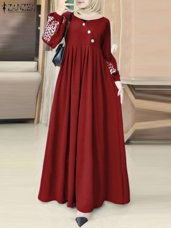 ZANZEA-vestido de Hijab musulmán para mujer, ropa informal de manga larga, Abaya de Turquía, vestido de verano estampado bohemio, bata de moda