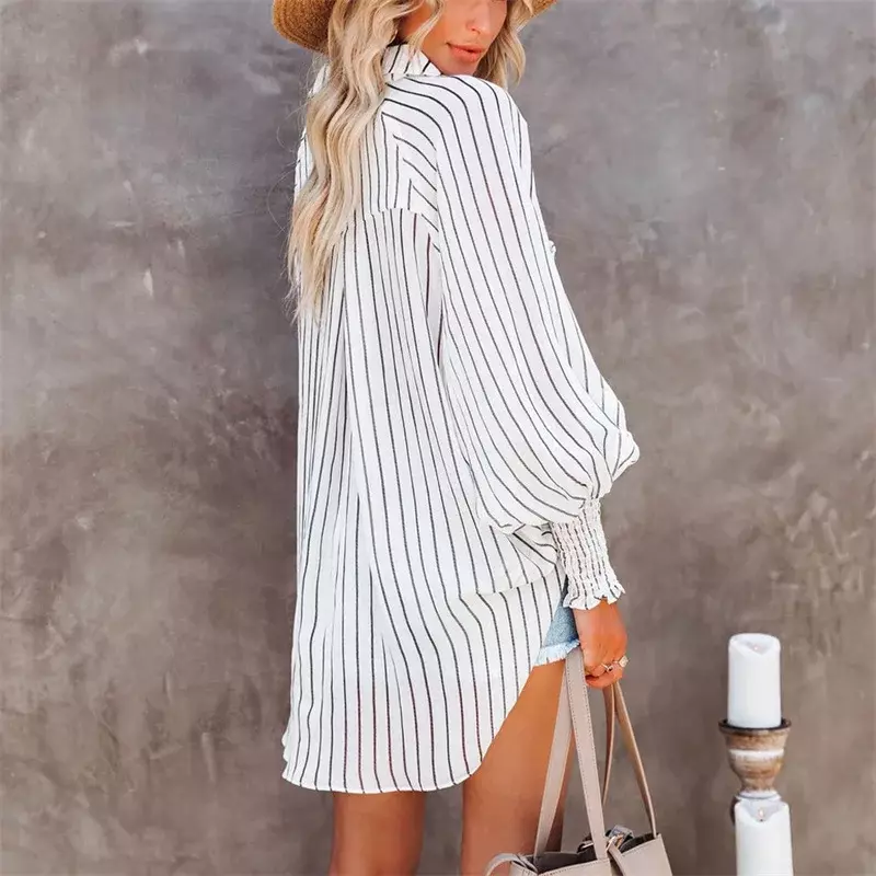 Elegant Colorblocked Stripes Big Pockets Spliced Shirt Women Lapel Cardigan Casual Blouse Female Summer Vacation Beach Cover-Up