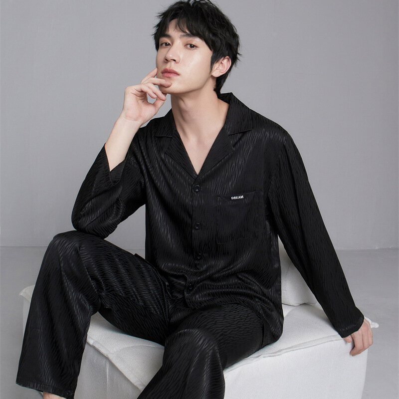 Men 2PCS Pajamas Set Black Long Sleeve Sleepwear Pijamas Suit Spring Autumn Silk Satin Nightwear Lounge Wear Loose Homewear