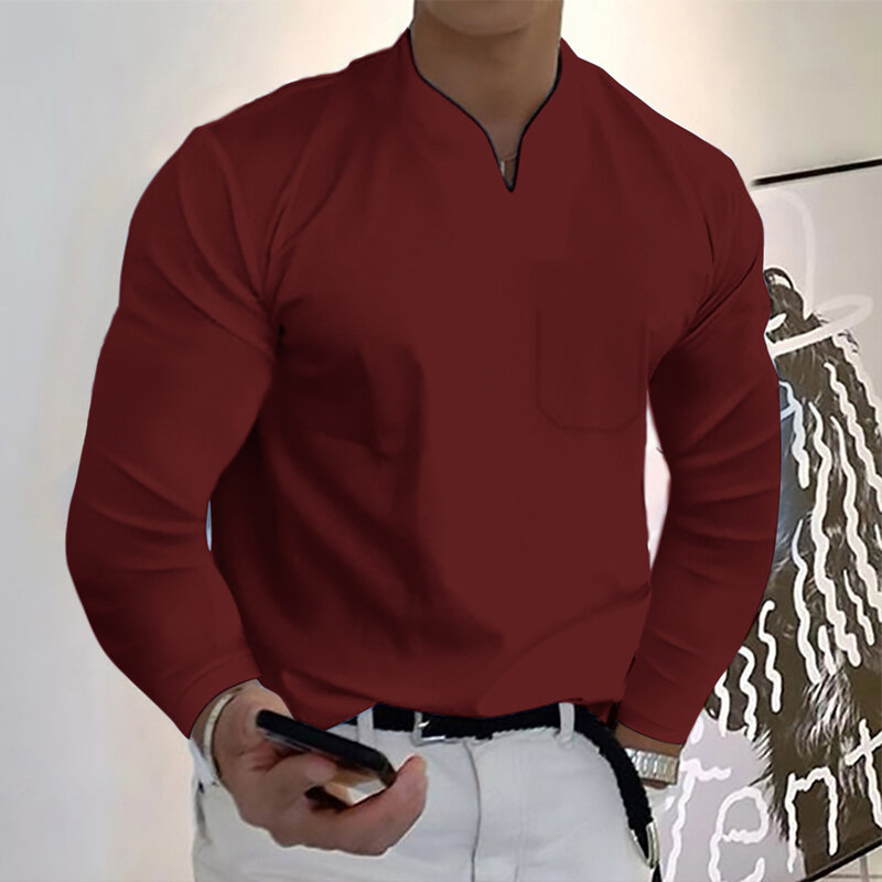 Мужская Осенняя Классическая рубашка с длинным рукавом и V-образным вырезом, облегающая офисная блузка с воротником, топы, футболка, деловая Повседневная Эластичная Однотонная футболка из чистого хлопка