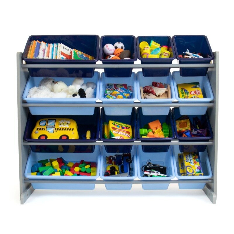 Humble Crew Kids Grey Toy Storage Organizer with 16 Blue Plastic Storage Bins  storage cabinet