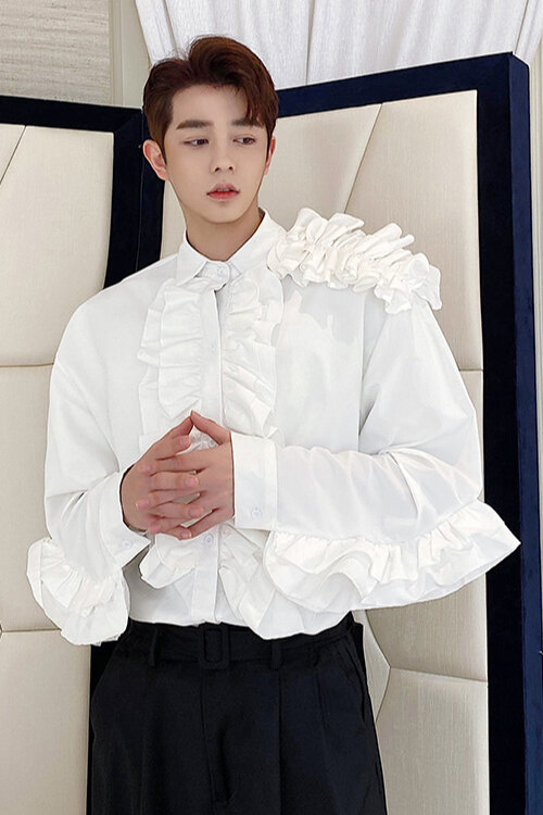 Men Vintage French Palace Victorian Gentleman Blouse Winter Autumn Vintage Banquet Party Dinner Shirts Layers Ruffles Tops