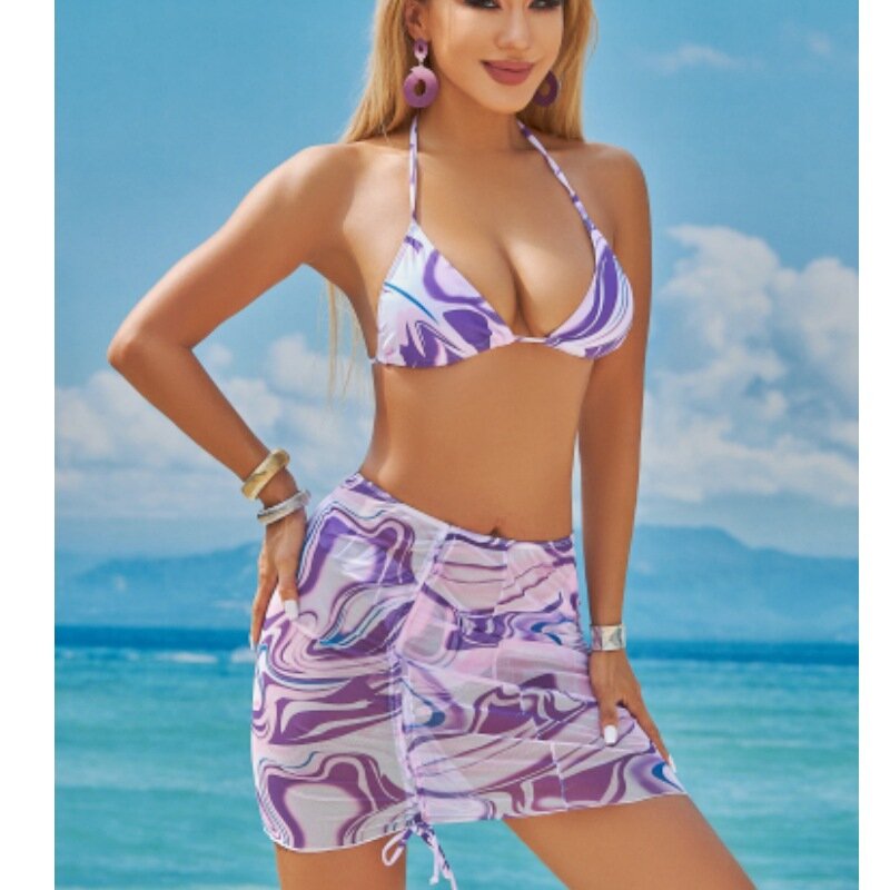 Maiô de 3 partes para as mulheres, tanga sexy, micro biquíni, com saias sarong, estampa rosa, roupas de praia, para piscina, novo design