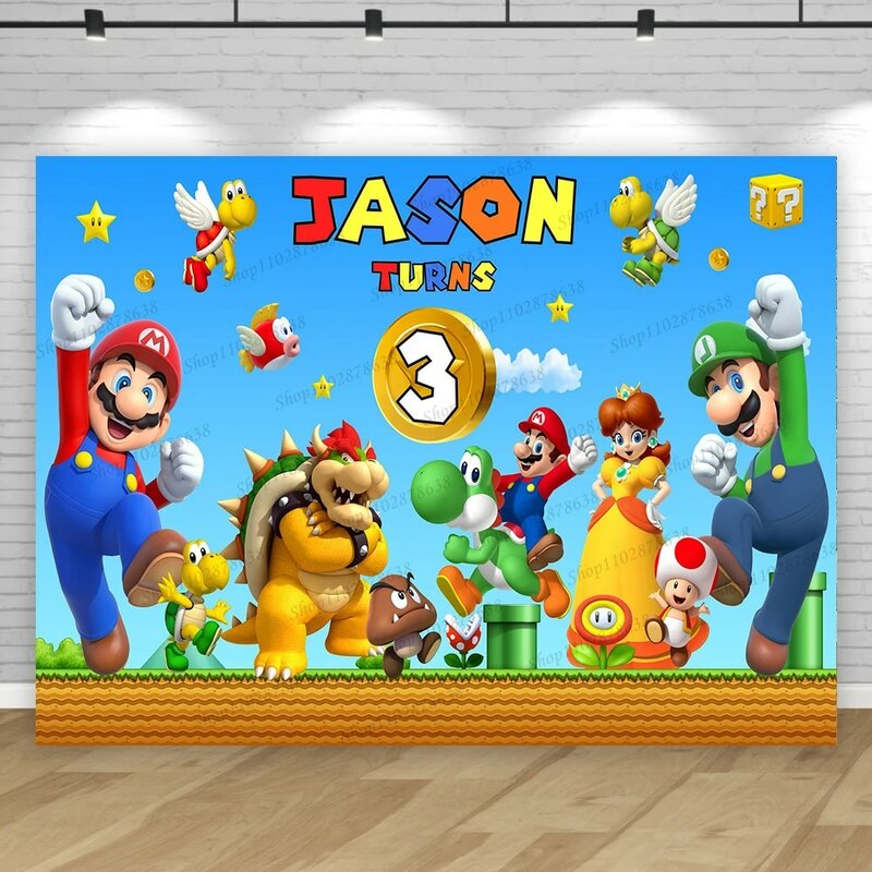 Personalizado Super Mario Bros Tema Cenário, nome e idade, Kids Birthday Party Background, Baby Shower Banner, Props Decor para Meninos