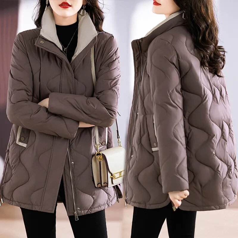 Jaket kerah berdiri Panjang sedang musim dingin 2023 jaket mantel katun Parkas Down kasual wanita jaket tahan angin hangat tebal
