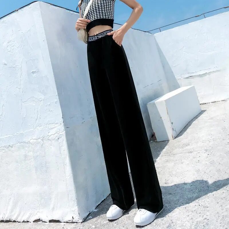Женские широкие брюки из вискозы, с высокой талией и поясом на резинке, весна-лето 2022, тонкие прямые свободные белые брюки