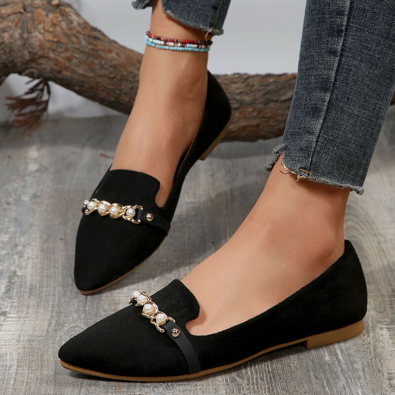 Ladies Fashion Flat Shoes Solid Color Suede Pearl Metal Chain Decoration Pointed Toe Slip On Casual Shoes Comfortable Loafers