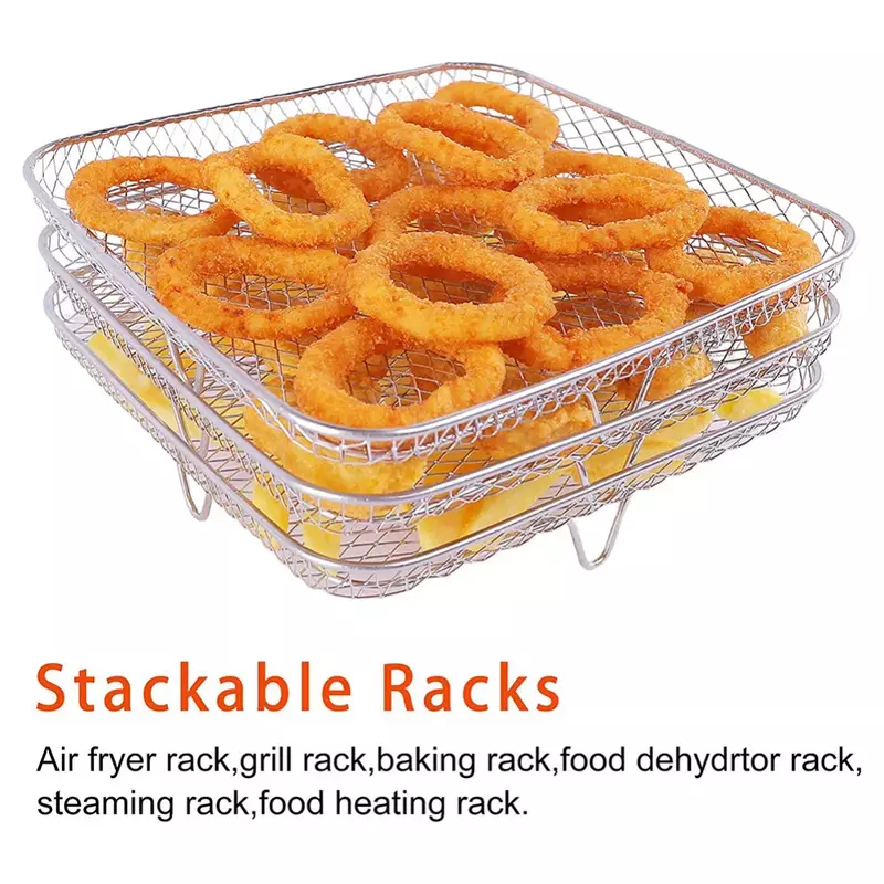 3-layers Air Fryers Rack Stackable Grid Grilling Rack Stainless Steel Anti-corrosion Home Kitchen Oven Steamer Cooker Gadgets