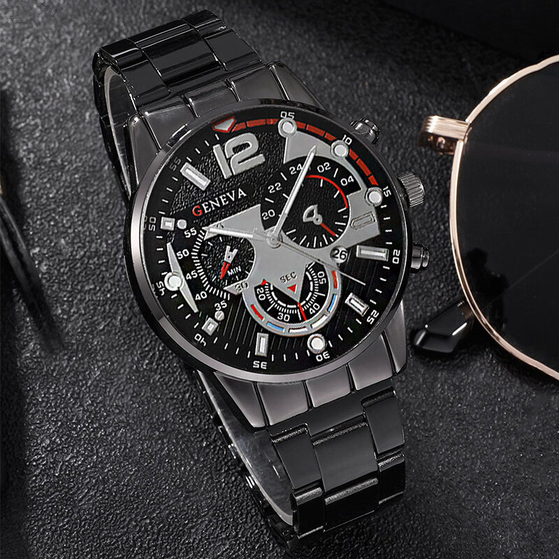 Jam tangan pria, 3 buah Set Fashion pria bisnis kalender jam tangan kasual pria gelang hitam kalung Stainless Steel kuarsa jam tangan Relogio Masculino