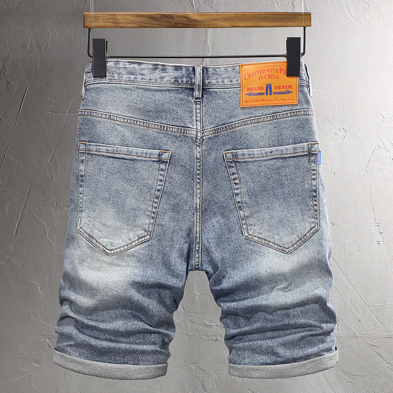 Pantalones cortos de mezclilla para hombre, Shorts rasgados elásticos, color azul lavado Retro, diseño Vintage informal, moda de verano