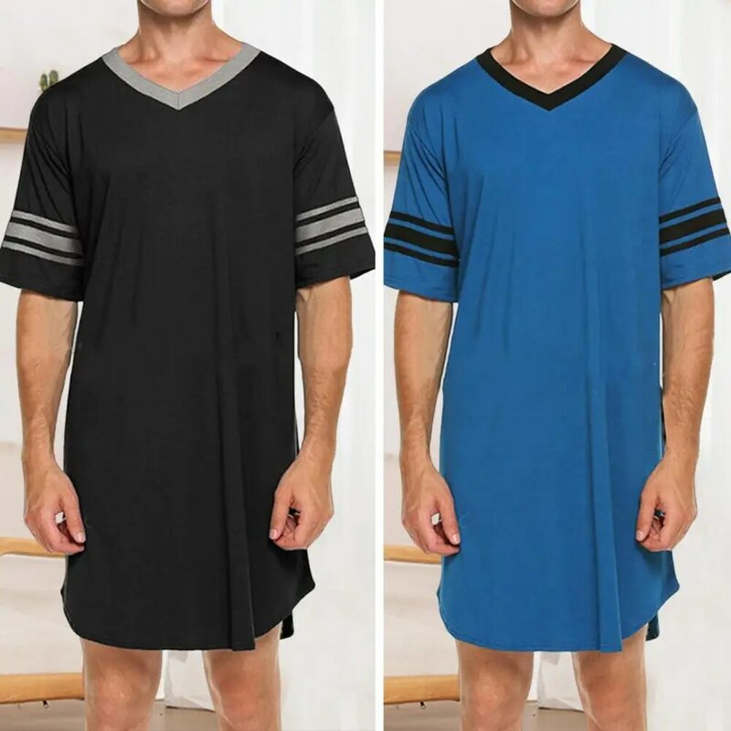 Men Summer Top Color Matching Men Loungewear Long Style Short Sleeve V Neck Home Clothes Striped Print Sleeping Clothes For Men