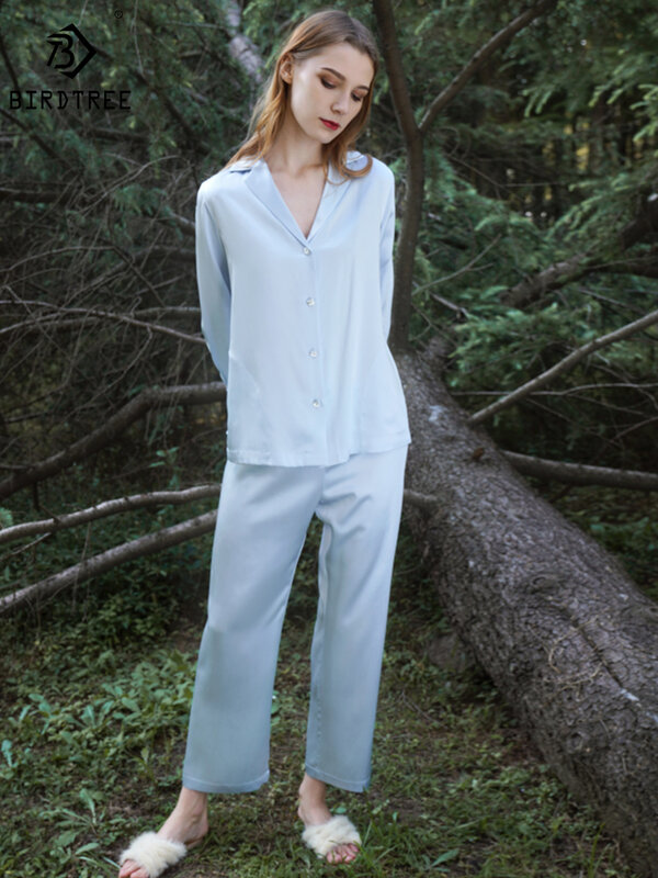 Birdtree 25MM 100%Real Silk Pajama Set Solid Lapel Long Sleeve Pants Simple Breathable Comfort Loungewear Spring Women S41357QD