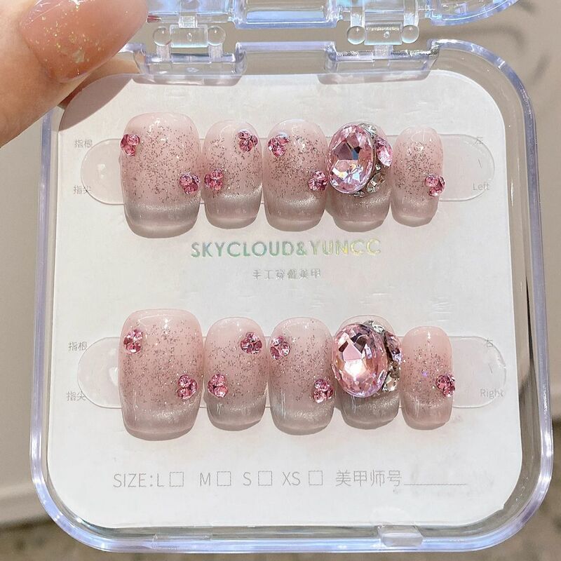 10 pezzi di strass rosa occhi di gatto fatti a mano stampa sulle unghie testa quadrata unghie finte disegni copertura completa Nail Art unghie finte indossabili