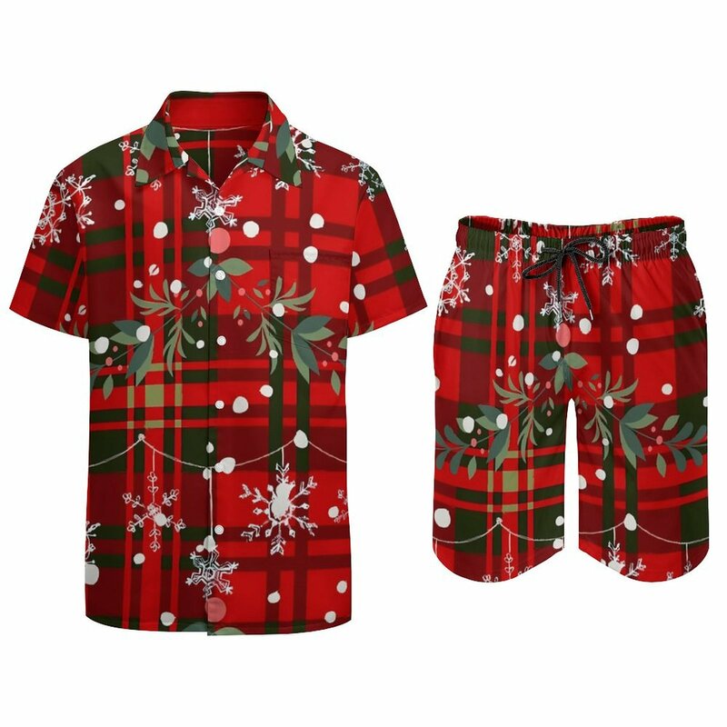 남성용 크리스마스 눈송이 비치 세트, 레드 격자 무늬 프린트 캐주얼 셔츠 세트, 여름 그래픽 반바지, 2 피스 노벨티 세트 플러스 사이즈