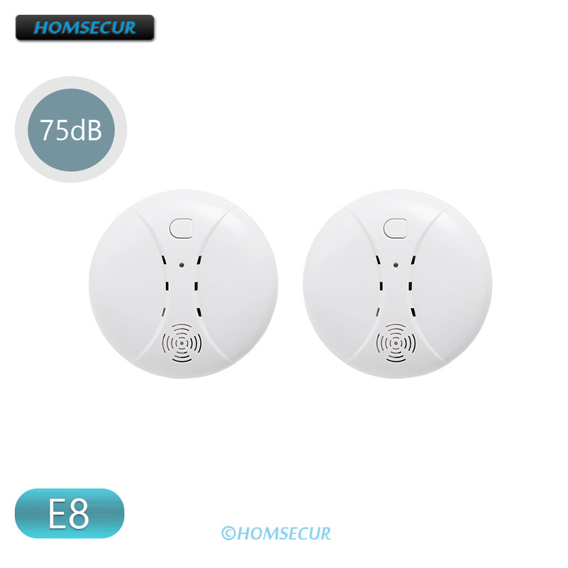 HOMSECUR 2Pcs E8 Wireless 433MHz Smoke Sensor/Detector 75dB With Low Battery Signal For 4G GSM Home Security Alarm System