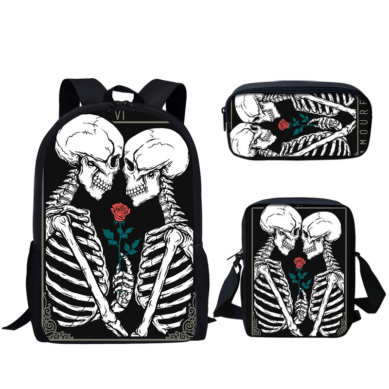 Mochila de crânio gótico para meninos e meninas, esqueleto engraçado, mochila de grande capacidade, estudante primário, 3 peças