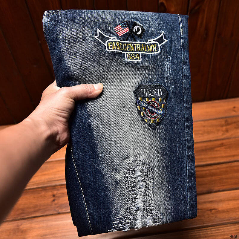 New high-end embroidered printed jeans for men slim fit fashionable distressed patches scratched elastic trendy casual denim pan