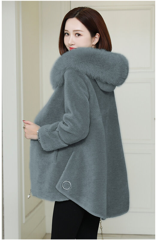 2023Hot Sale Sheep Fleece Coat for Women Winter Jacket Female Grain Wool Fox Fur Collar Warm Coats Women's Lamb Fur Clothes  New
