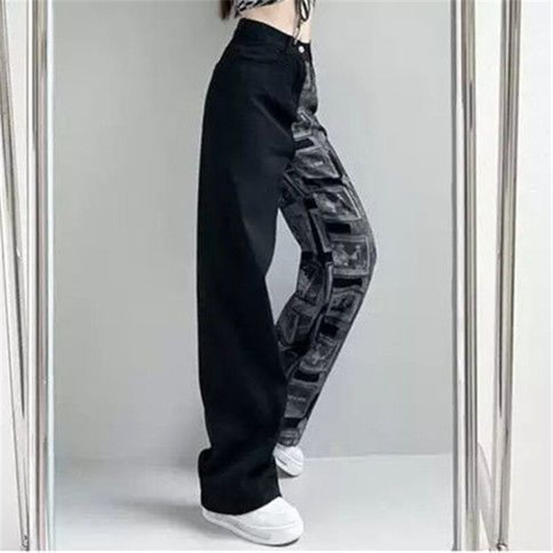 Vintage High Street Pattern Print Y2K Streetwear Harajuku Jeans dritti pantaloni moda tasca a vita alta pantaloni in Denim abbigliamento