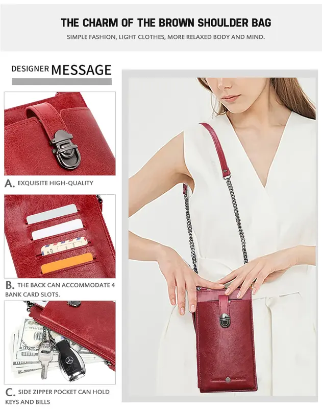 Женская сумка через плечо, повседневный мини-кошелек из натуральной воловьей кожи, сумка через плечо с карманом для телефона и металлическим ремешком