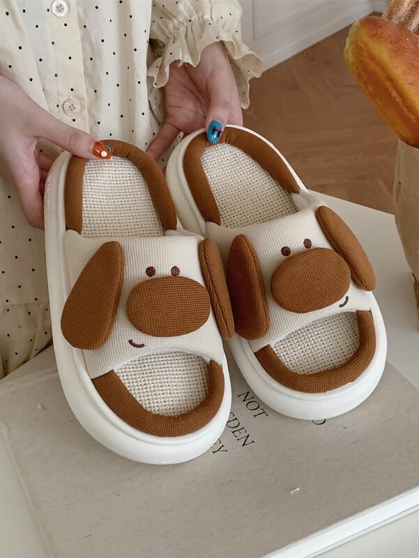 Versatile Couple Linen Slippers Cute And Fun Big Nose Dog Man Women Home Floor Slippers Shoes For Men And Women
