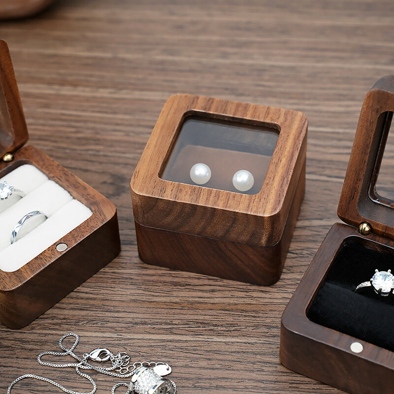 Kotak perhiasan cincin kayu antik persegi penyimpan perhiasan cincin pernikahan biji-bijian kayu pemegang anting-anting tampilan perhiasan kotak hadiah kemasan