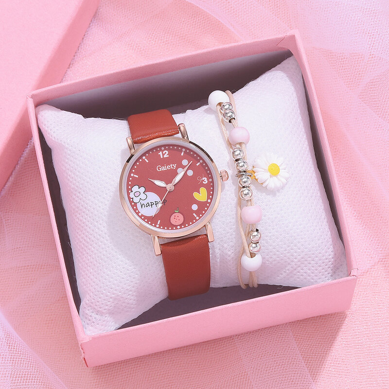 Hot Fashion Quartz Kids Watch Bracelet Set Quartz Watches Girls Gift Student Wristwatch Pu Leather Rose Gold Watch for Women