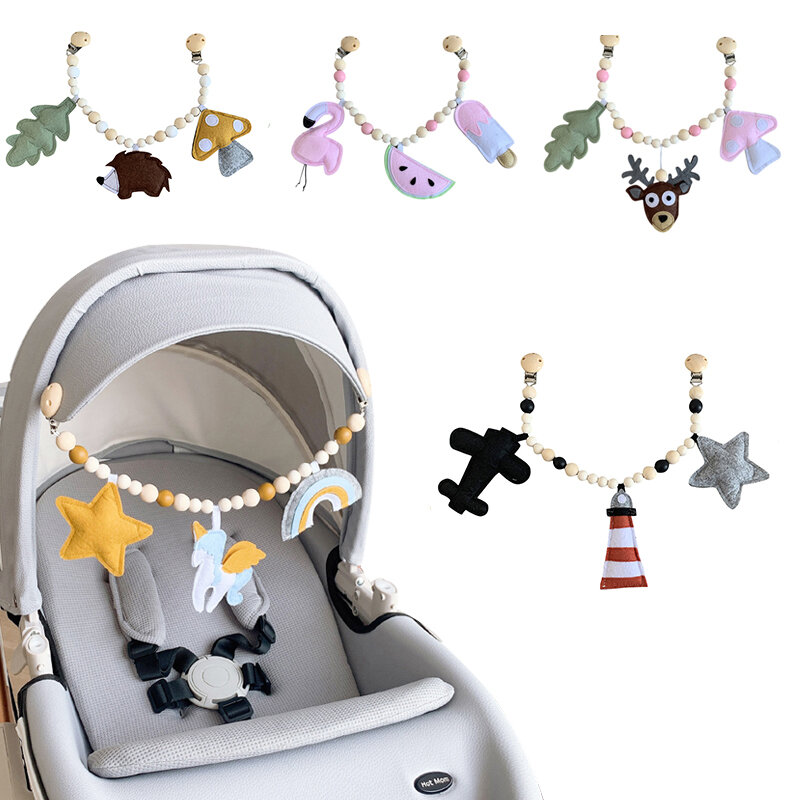 Baby Toy Wooden Pram Clip Baby Mobile Pram Plush Bead Pacifier Chain Chewable Rattle Baby Wooden Teether Necklace Teething Beads