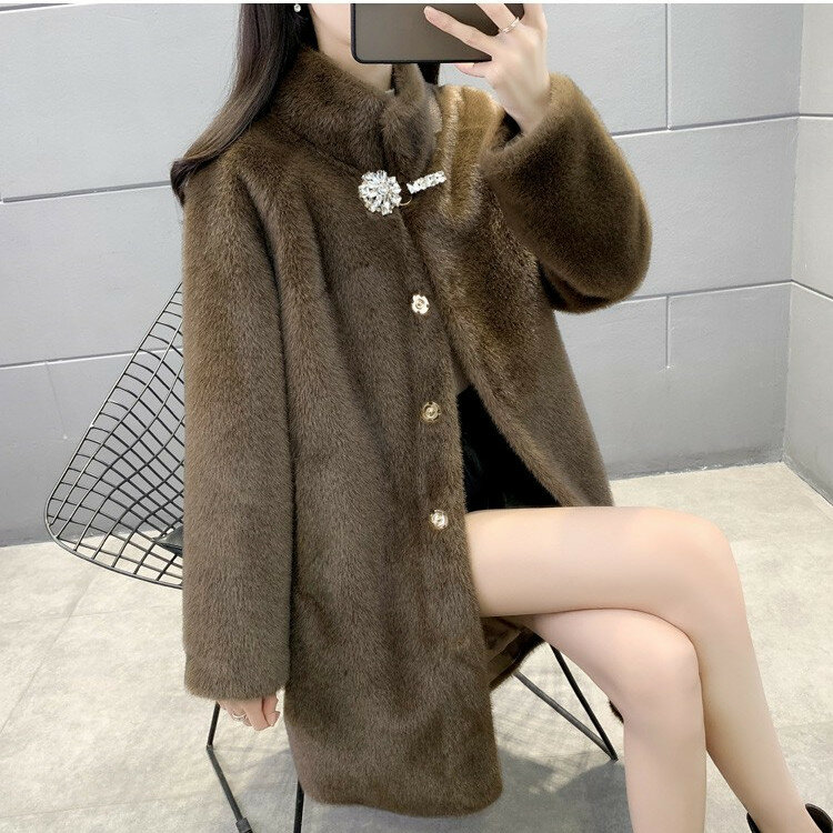 Faux Fur Coat Women Long Sleeve Stand Collar Winter Warm Coat 2023 New Fashion Temperament Office Lady Fur Jackets Clothing C98