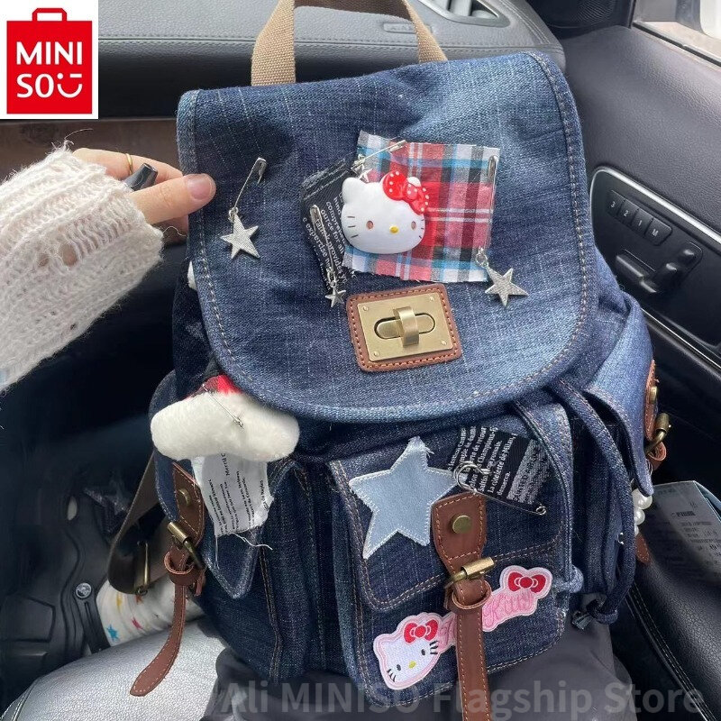 Miniso-Hellokitty Cowboy Collage Backpack, grande capacidade, mochila retrô de estudante Y2K, Cowboy Wasteland Style, novo, 2022