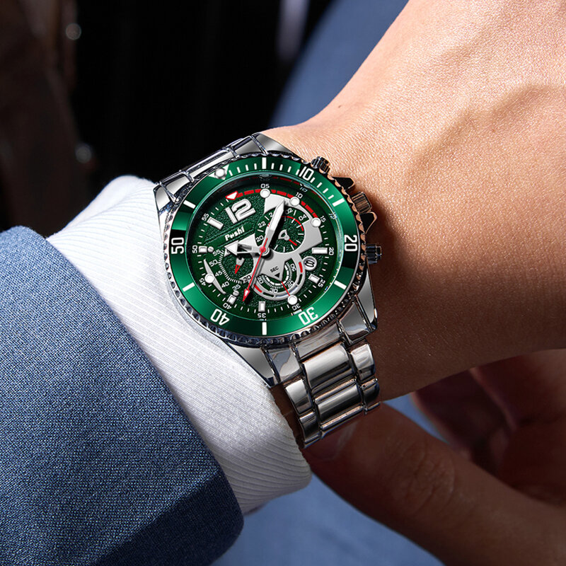 POSHI-Relógio de quartzo de luxo masculino, relógio de pulso luminoso impermeável, pulseira de mancha inoxidável, esporte