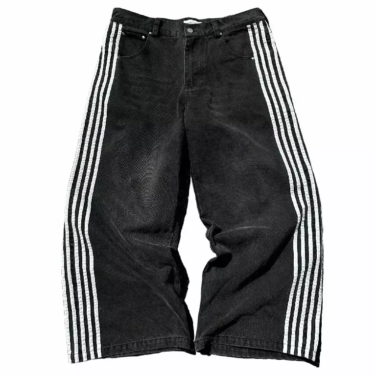 Джинсы-багги Harajuku Goth Y2k мужские, черные полосатые джинсовые брюки с вышивкой в стиле хип-хоп, с широкими штанинами, уличная одежда