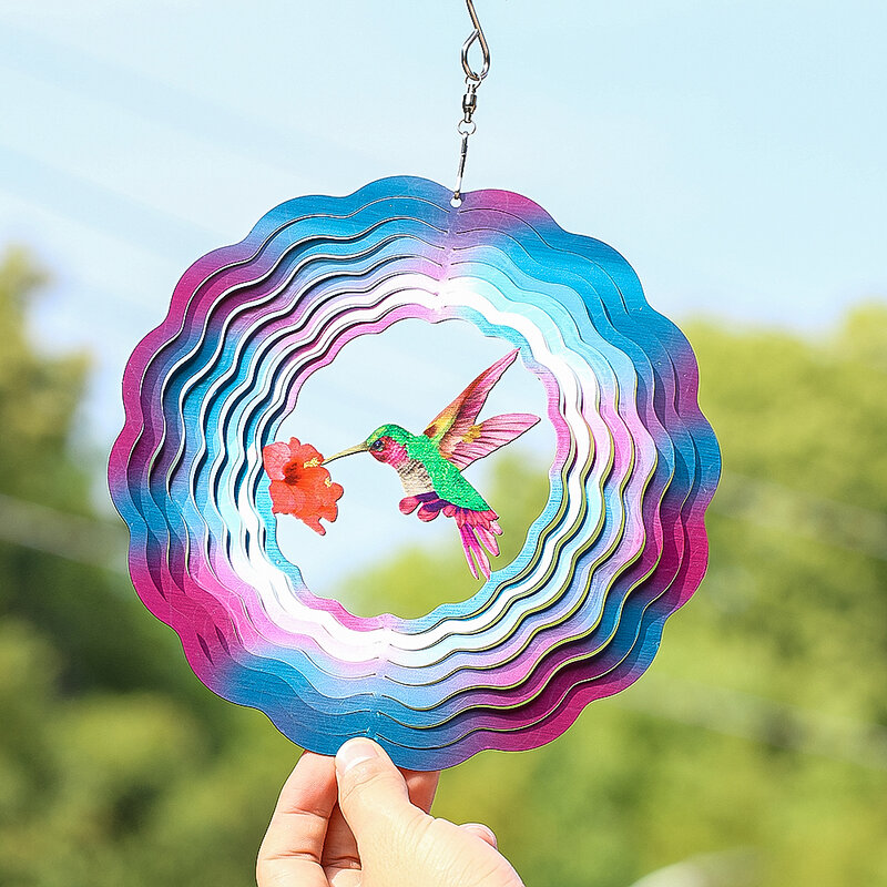 18cm Hummingbird Wind Spinner 3D Visual Effect Stainless Steel Mirror Reflection Hanging Bird Repeller Outdoor Garden Decoration