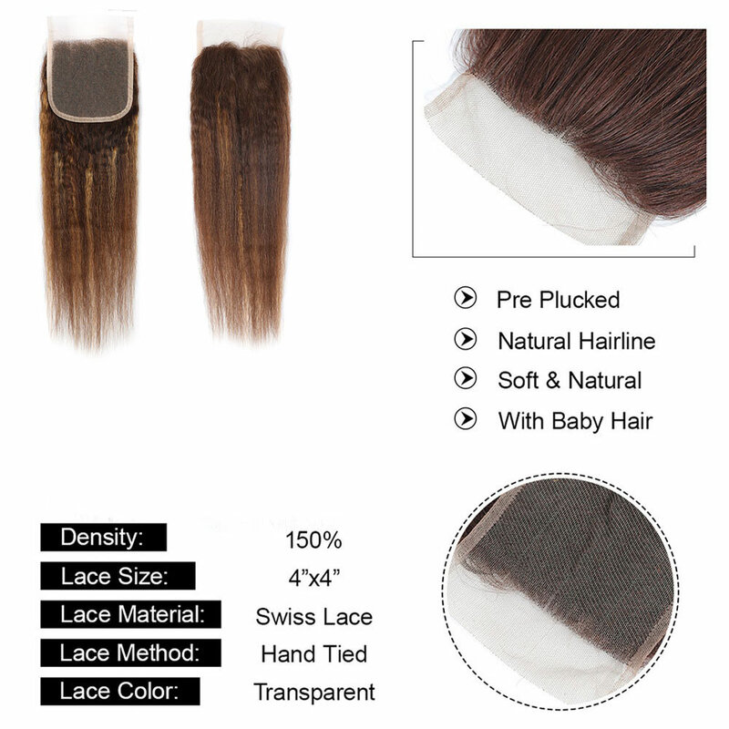 Bundles de cheveux humains Kinky Straight avec fermeture, reflets blonds, tissage de cheveux ombrés, 4x4, 13x4, P4, 27
