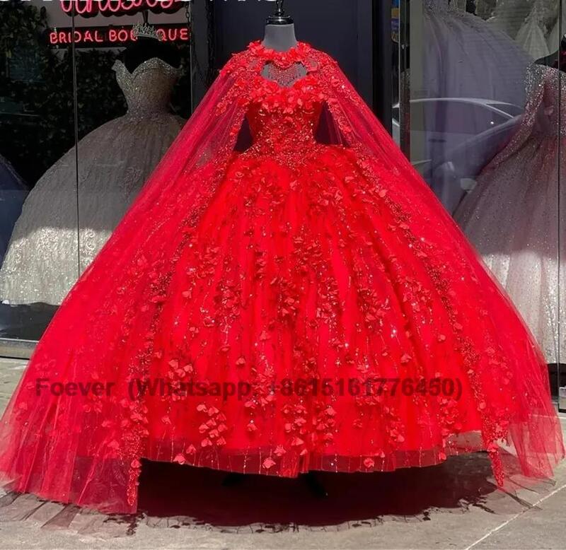 Red Princess Off The Shoulder Quinceanera Dress With Cape 3D Flowers Birthday Party Dresses Beaded Masquerade Vestidos De 15