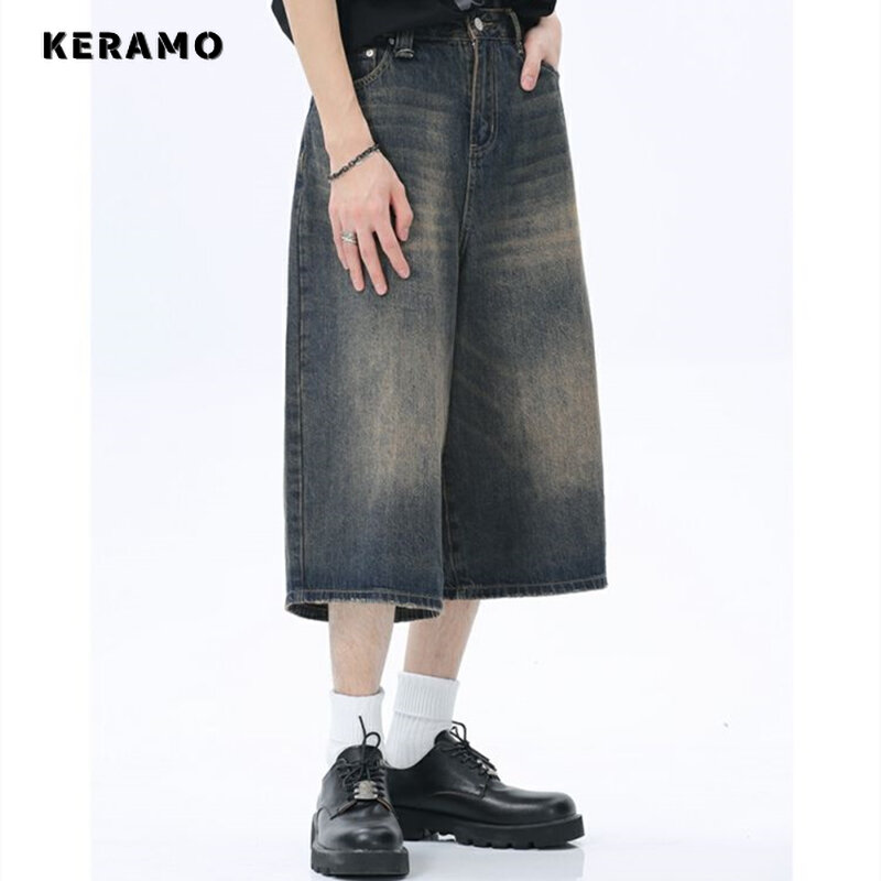 Women's Retro Large Size Denim Shorts Unisex Style Wide Leg Capris Vintage Street Summer Female High Waist Loose Short Jeans