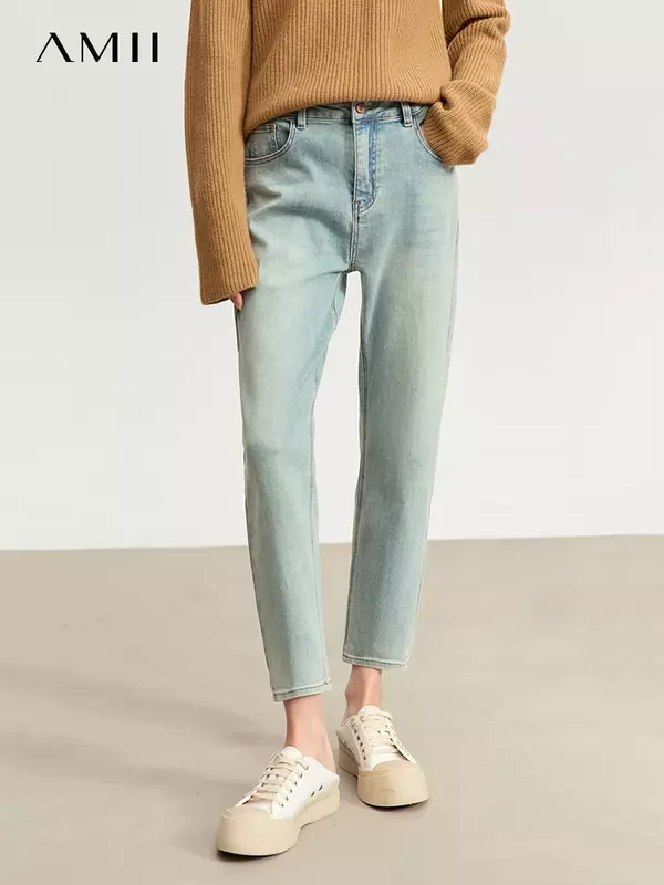 AMII 2023 wanita, Jeans minimalis untuk perempuan musim gugur baru celana panjang sepergelangan kaki tipis Retro dicuci celana panjang lurus kasual 12323138