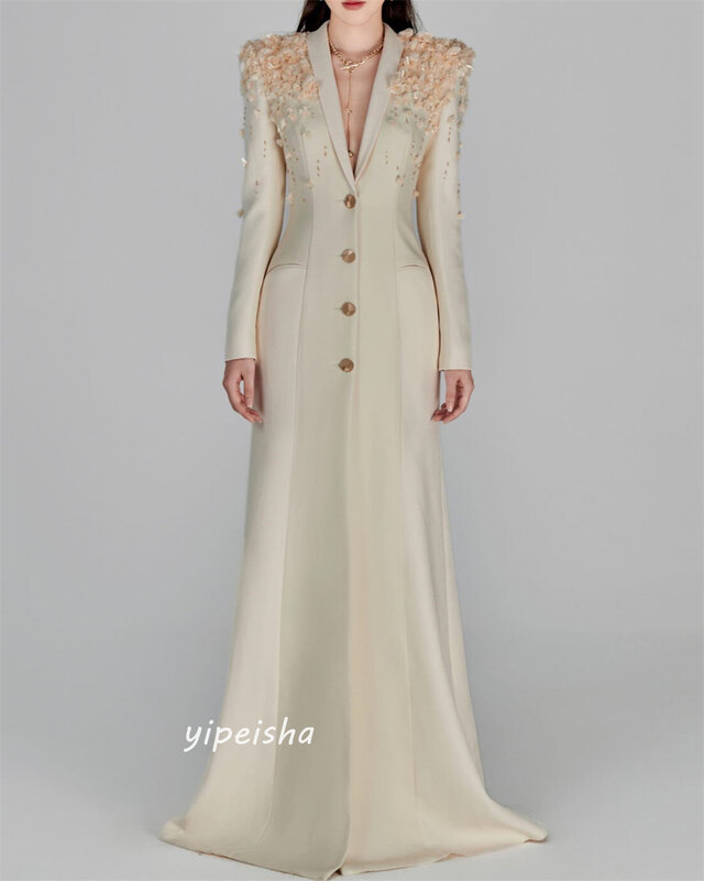 Gaun Prom Arab Saudi Jersey Applique kancing terbungkus ulang tahun A-line V-Neck Bespoke gaun acara gaun panjang