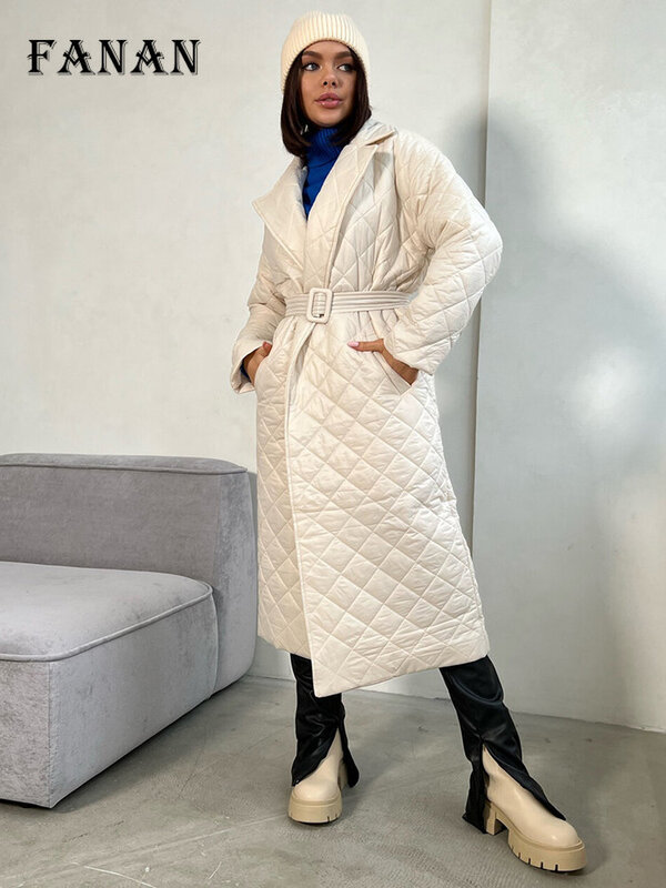 Зимнее пальто для женщин, однотонная теплая длинная парка с поясом, модные элегантные пуховики с ромбовидным узором, Толстая Повседневная женская верхняя одежда, 2022