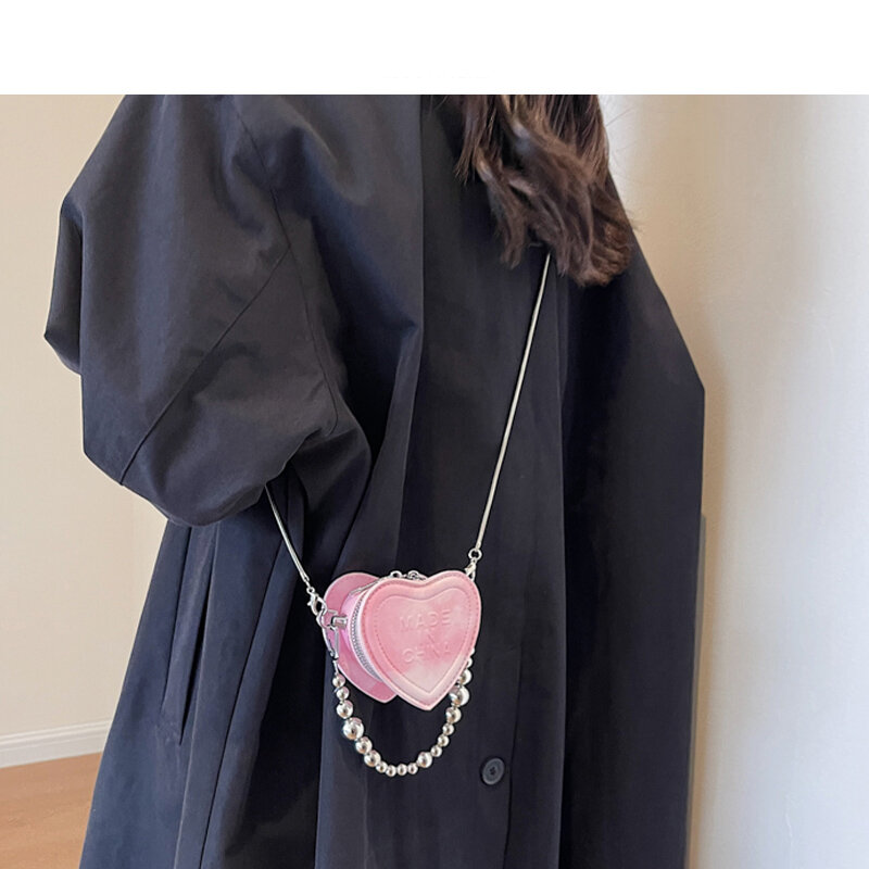 Tas Mini cantik untuk wanita, tas selempang bahu tunggal rantai manik-manik huruf baru 2024, dompet kecil cinta merah gadis Korea baru