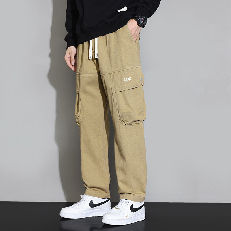 Spring Autumn Men's Solid Pockets Letter Embroidery Elastic High Waisted Casual Loose Wide Leg Trousers Clothing Bandage Pants