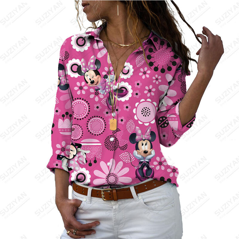 Disney-camisa polo manga comprida feminina, top cardigan de botão, impressão 3D, padrão dos desenhos animados, Mickey, Minnie, simples, tamanho grande, primavera, novo, 2023