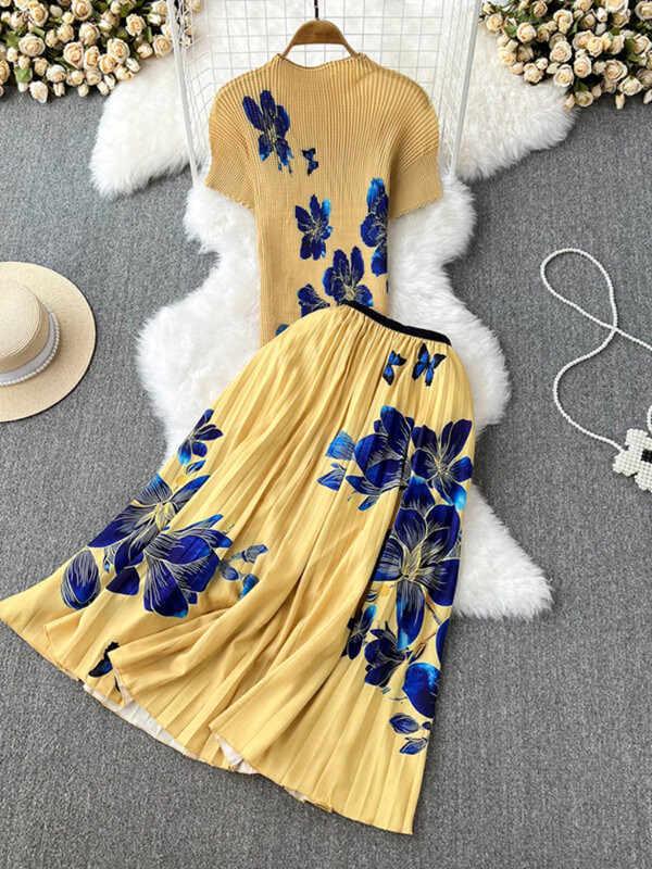 Conjunto de dos piezas para mujer, traje de falda de flores de moda de verano, Top de punto elástico de colores y falda estampada con flores de cintura alta