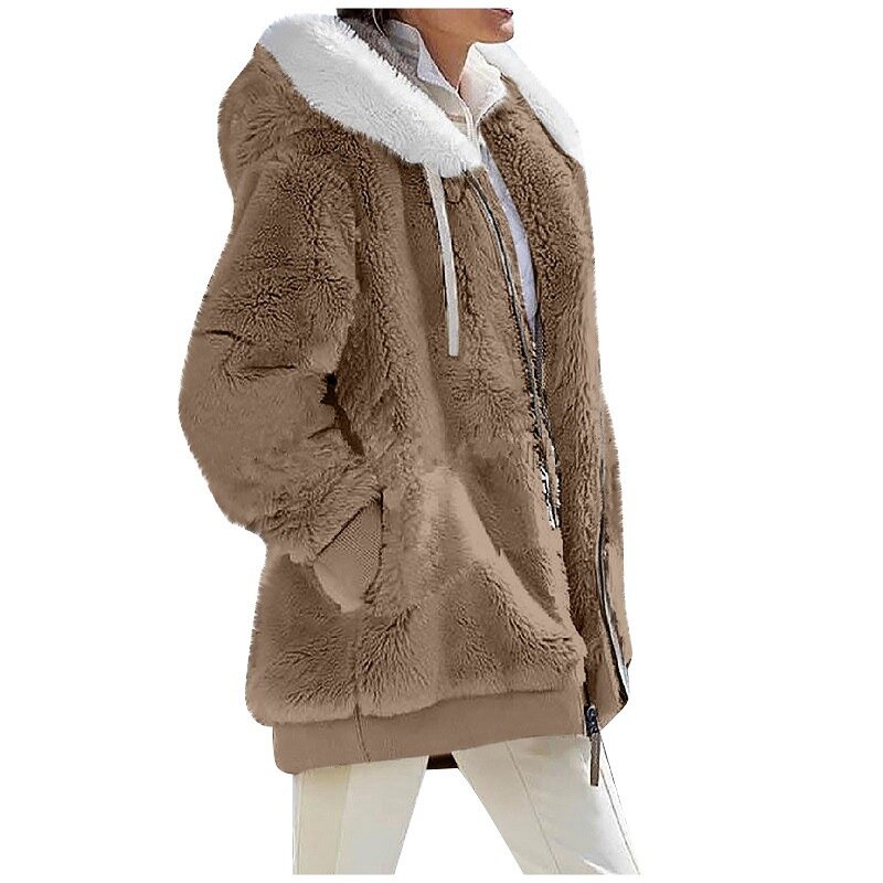 Women Fleece Hooded Coat Jacket 2023 Fashion Faux Fur Zip Up Outwear Elegant Warm Thick Plush Winter Jackets Female Clothes New