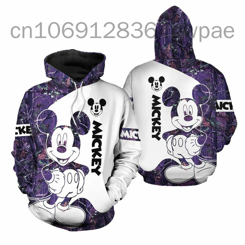 Masculino e feminino Disney Mickey e Minnie com capuz 3D estampado, pulôver esportivo casual, streetwear de grandes dimensões, desenhos animados, moda