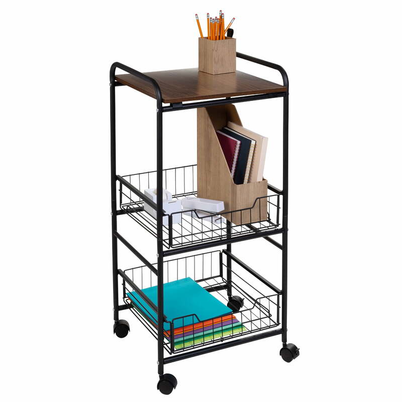 Honey-Can-Do 3-Tier Rolling Kitchen Storage Cart with 2 Metal Basket Drawers, Black/Brown