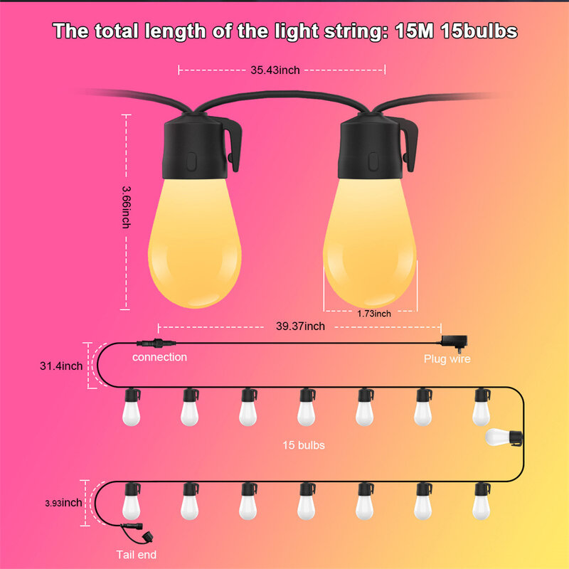 Cadena de luces LED impermeable para exteriores, lámpara de decoración con control remoto, S14, 15 bombillas, 49 pies